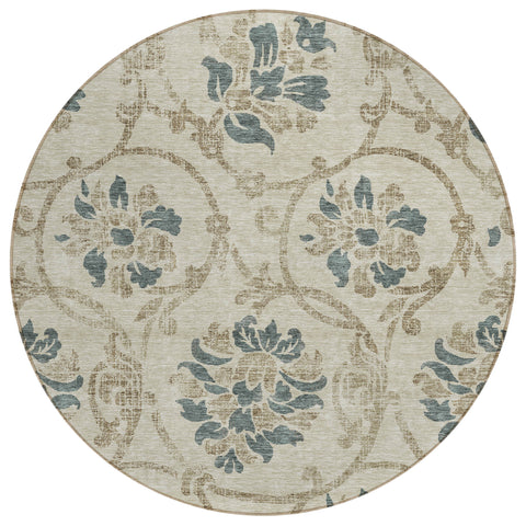 8' Beige Tan And Blue Round Floral Washable Indoor Outdoor Area Rug