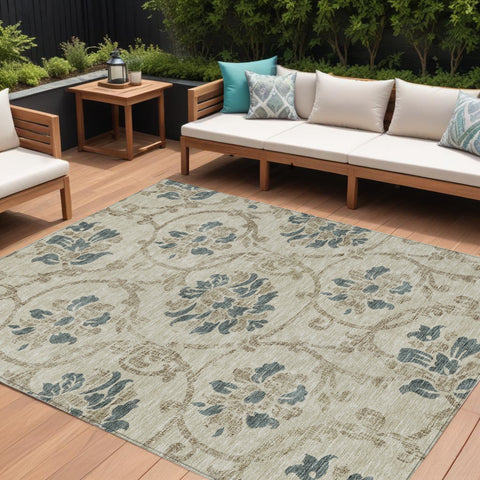8' X 10' Beige Tan And Blue Floral Washable Indoor Outdoor Area Rug