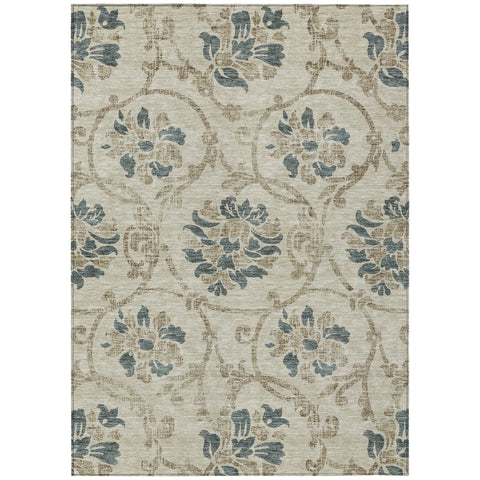 8' X 10' Beige Tan And Blue Floral Washable Indoor Outdoor Area Rug