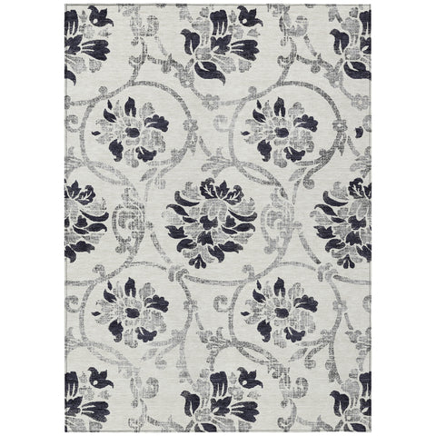 5' X 8' Black Silver And Charcoal Floral Washable Indoor Outdoor Area Rug