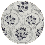 8' Black Silver And Charcoal Round Floral Washable Indoor Outdoor Area Rug