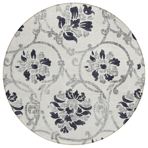 8' Black Silver And Charcoal Round Floral Washable Indoor Outdoor Area Rug