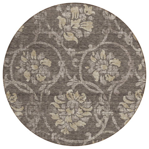 8' Brown Beige And Taupe Round Floral Washable Indoor Outdoor Area Rug