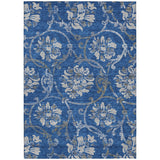 5' X 8' Navy Blue And Silver Floral Washable Indoor Outdoor Area Rug