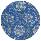 8' Navy Blue And Silver Round Floral Washable Indoor Outdoor Area Rug
