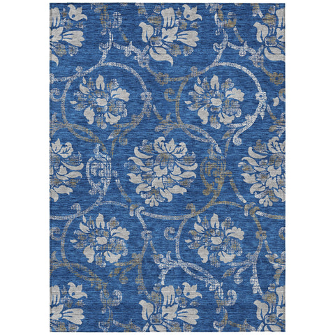 8' X 10' Navy Blue And Silver Floral Washable Indoor Outdoor Area Rug