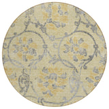 8' Gold Gray And Charcoal Round Floral Washable Indoor Outdoor Area Rug