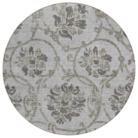 8' Gray Charcoal And Taupe Round Floral Washable Indoor Outdoor Area Rug
