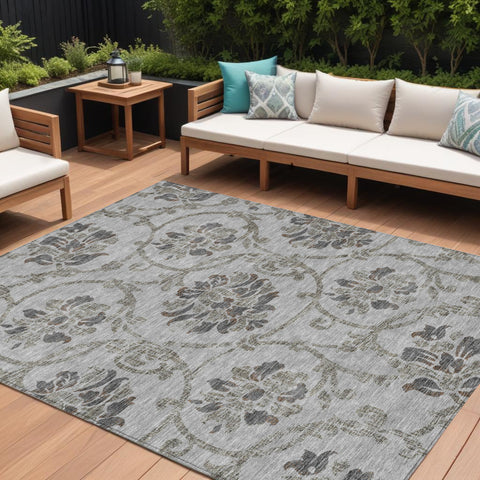 8' X 10' Gray Charcoal And Taupe Floral Washable Indoor Outdoor Area Rug