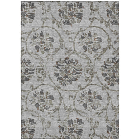 8' X 10' Gray Charcoal And Taupe Floral Washable Indoor Outdoor Area Rug