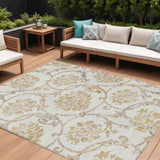 8' X 10' Ivory Beige And Gold Floral Washable Indoor Outdoor Area Rug