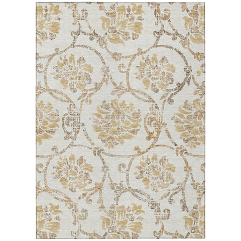 8' X 10' Ivory Beige And Gold Floral Washable Indoor Outdoor Area Rug