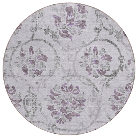 8' Lavender Purple And Gray Round Floral Washable Indoor Outdoor Area Rug