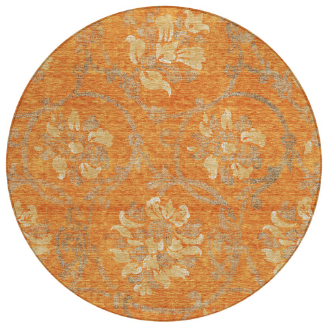8' Orange Gray And Beige Round Floral Washable Indoor Outdoor Area Rug