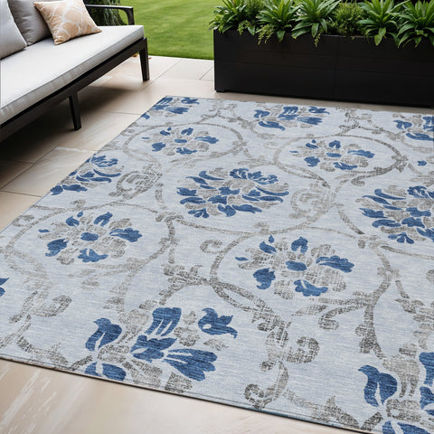 5' X 8' Sky Blue And Gray Floral Washable Indoor Outdoor Area Rug