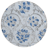 8' Sky Blue And Gray Round Floral Washable Indoor Outdoor Area Rug