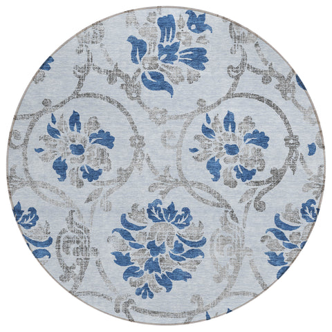 8' Sky Blue And Gray Round Floral Washable Indoor Outdoor Area Rug