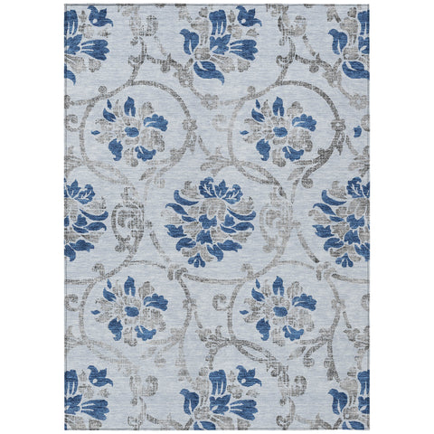 8' X 10' Sky Blue And Gray Floral Washable Indoor Outdoor Area Rug