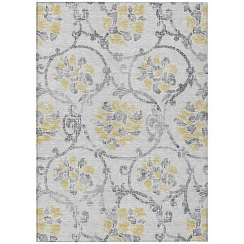 3' X 5' Silver Gray And Gold Floral Washable Indoor Outdoor Area Rug