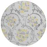 8' Silver Gray And Gold Round Floral Washable Indoor Outdoor Area Rug
