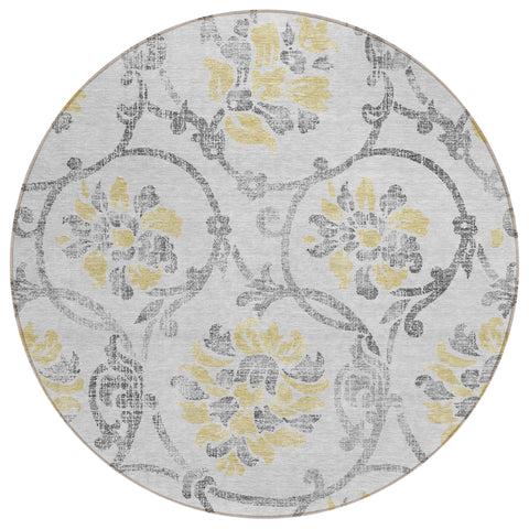 8' Silver Gray And Gold Round Floral Washable Indoor Outdoor Area Rug