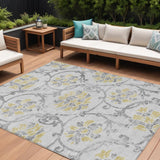 8' X 10' Silver Gray And Gold Floral Washable Indoor Outdoor Area Rug