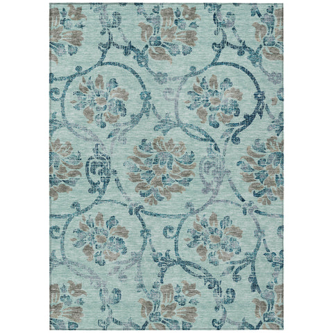 3' X 5' Teal Blue Gray And Aqua Floral Washable Indoor Outdoor Area Rug