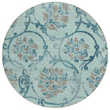 8' Teal Blue Gray And Aqua Round Floral Washable Indoor Outdoor Area Rug