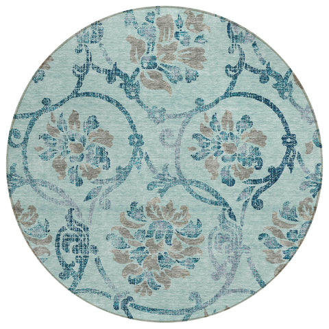 8' Teal Blue Gray And Aqua Round Floral Washable Indoor Outdoor Area Rug