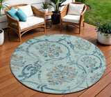 8' Teal Blue Gray And Aqua Round Floral Washable Indoor Outdoor Area Rug