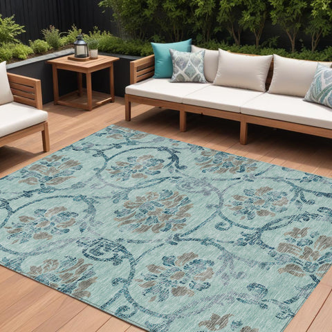 8' X 10' Teal Blue Gray And Aqua Floral Washable Indoor Outdoor Area Rug
