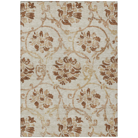5' X 8' Terra Cotta Copper And Beige Floral Washable Indoor Outdoor Area Rug