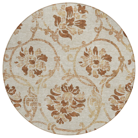8' Terra Cotta Copper And Beige Round Floral Washable Indoor Outdoor Area Rug