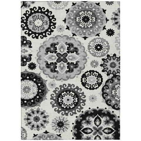 3' X 5' Black Gray And Silver Floral Medallion Washable Indoor Outdoor Area Rug