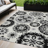 5' X 8' Black Gray And Silver Floral Medallion Washable Indoor Outdoor Area Rug