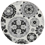 8' Black Gray And Silver Round Floral Medallion Washable Indoor Outdoor Area Rug