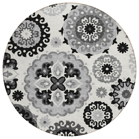 8' Black Gray And Silver Round Floral Medallion Washable Indoor Outdoor Area Rug