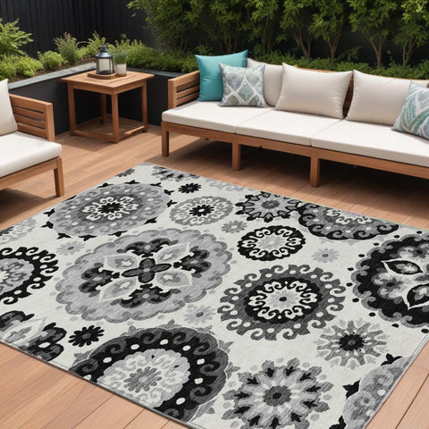 8' X 10' Black Gray And Silver Floral Medallion Washable Indoor Outdoor Area Rug
