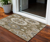 3' X 5' Brown Ivory And Beige Floral Medallion Washable Indoor Outdoor Area Rug