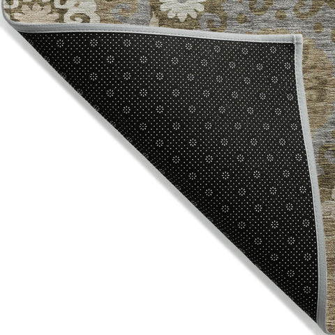 3' X 5' Brown Ivory And Beige Floral Medallion Washable Indoor Outdoor Area Rug