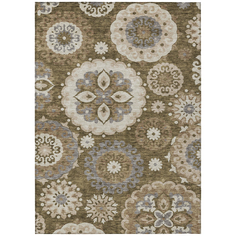 8' X 10' Brown Ivory And Beige Floral Medallion Washable Indoor Outdoor Area Rug