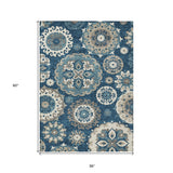 3' X 5' Navy Blue And Taupe Floral Medallion Washable Indoor Outdoor Area Rug