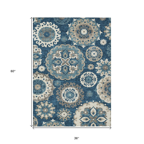 3' X 5' Navy Blue And Taupe Floral Medallion Washable Indoor Outdoor Area Rug