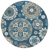 8' Navy Blue And Taupe Round Floral Medallion Washable Indoor Outdoor Area Rug