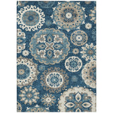 8' X 10' Navy Blue And Taupe Floral Medallion Washable Indoor Outdoor Area Rug