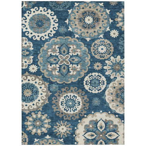 8' X 10' Navy Blue And Taupe Floral Medallion Washable Indoor Outdoor Area Rug