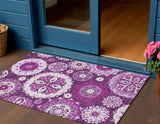 3' X 5' Eggplant And Mauve Floral Medallion Washable Indoor Outdoor Area Rug