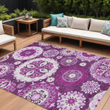 8' X 10' Eggplant And Mauve Floral Medallion Washable Indoor Outdoor Area Rug