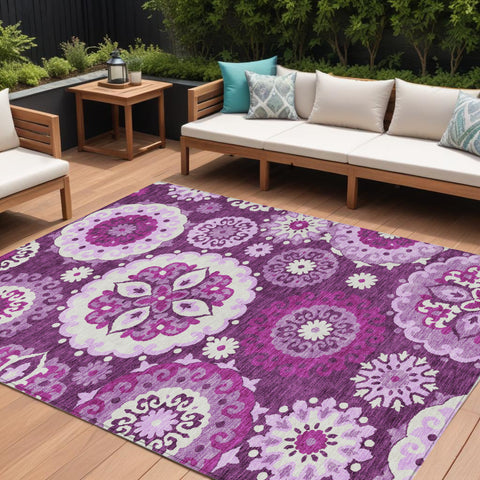 8' X 10' Eggplant And Mauve Floral Medallion Washable Indoor Outdoor Area Rug