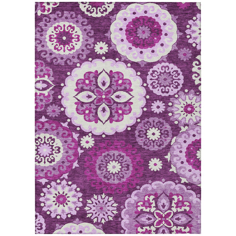 8' X 10' Eggplant And Mauve Floral Medallion Washable Indoor Outdoor Area Rug